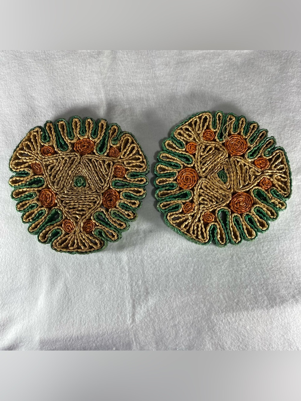 Vintage Woven Wicker Rattan Raffia Straw Boho Trivets Hot Pads 7" Set of 2